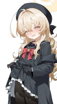 1girl black_dress black_gloves black_hat black_pantyhose black_serafuku blonde_hair blue_archive blush bow bowtie clothes_lift dress gloves green_eyes halo hat heoningu highres loli long_hair looking_at_viewer pantyhose professor_niyaniya_(blue_archive) red_bow red_bowtie school_uniform serafuku simple_background skirt skirt_lift solo standing white_background yellow_halo