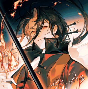 1boy animated animated_gif baibaibaizai black_hair blue_background bow chinese_clothes chinese_commentary collared_shirt commentary_request commission earrings fire floating flower flower_earrings gradient_background grin hair_between_eyes hair_bow hair_ornament hairpin high_collar holding holding_polearm holding_weapon jewelry long_hair long_sleeves looking_at_viewer lotus low_ponytail making-of male_focus orange_background original parted_bangs pectoral_cleavage pectorals pink_flower polearm ponytail red_eyes red_shirt sample_watermark shirt smile solo tangzhuang tassel tassel_earrings upper_body very_long_hair watermark weapon white_bow wuxia