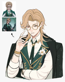 1boy absurdres black_gloves blonde_hair bracelet brooch collared_shirt commentary curtained_hair english_commentary flower_brooch glasses gloves green_eyes green_jacket green_ribbon hair_intakes hair_over_shoulder hand_up heterochromia highres identity_v jacket jacket_on_shoulders jewelry long_hair looking_at_viewer male_focus mark_under_eye mole mole_under_mouth nana_illust neck_ribbon no_headwear official_alternate_costume reference_inset ribbon richard_sterling richard_sterling_(art_dealer) ring round_eyewear screenshot_inset shirt signature single_glove snake_tattoo solo swept_bangs tattoo three-quarter_sleeves upper_body vest white_background white_shirt yellow_eyes