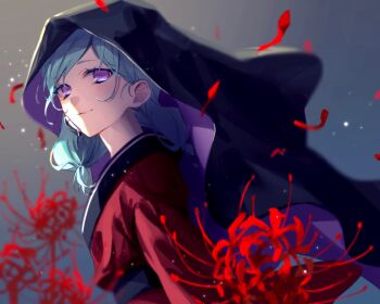 1girl aqua_hair beta_(inazuma_eleven) black_veil commentary flower grey_background highres inazuma_eleven_(series) inazuma_eleven_go inazuma_eleven_go_chrono_stone japanese_clothes kimono long_hair low_twintails no_pupils purple_eyes red_kimono smile solo spider_lily twintails upper_body veil xf_alice
