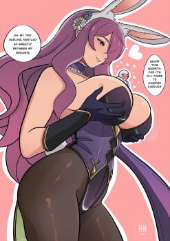 1girl 1other animal_ears between_breasts blush breast_lift breasts camilla_(fire_emblem) camilla_(spring_princess)_(fire_emblem) choker deep_skin english_text fake_animal_ears fake_tail fire_emblem fire_emblem_fates fire_emblem_heroes frilled_choker frills giant giantess gloves grabbing_own_breast hair_over_one_eye heart highres huge_breasts ihsnet long_hair nintendo official_alternate_costume pantyhose pink_background playboy_bunny purple_choker purple_eyes purple_hair rabbit_ears rabbit_tail sideboob skindentation smile solo_focus tail thick_thighs thighs very_long_hair wavy_hair