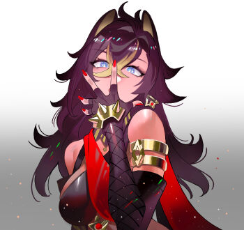 1girl armlet bandeau bare_shoulders black_bandeau black_gloves blonde_hair blue_eyes blurry bright_pupils brown_hair chinese_commentary commentary_request crossed_bangs dehya_(genshin_impact) depth_of_field earrings fingerless_gloves genshin_impact gloves gradient_background grey_background hair_between_eyes hair_ears hand_up jewelry light_particles long_hair looking_at_viewer mondlc multicolored_hair nail_polish open_mouth outstretched_hand red_bandeau red_nails single_earring solo streaked_hair upper_body usekh_collar white_background white_pupils