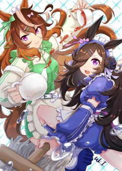 2girls absurdres animal_ears apron arm_warmers belt blue_hair blue_headdress blue_jacket blush bow braid breasts brown_hair closed_mouth commentary_request cup ear_bow flipped_hair frilled_apron frills green_bow green_hair green_jacket hair_between_eyes hair_bow hair_bun hair_ornament hair_over_one_eye hairclip highres holding holding_cup holding_mop holding_teapot horse_ears horse_girl horse_tail jacket jersey_maid leg_warmers long_hair long_sleeves looking_at_viewer maid maid_apron maid_headdress medium_breasts mop multicolored_hair multiple_girls neru_ika open_mouth pink_bow purple_eyes rice_shower_(umamusume) shoes short_sleeves smile streaked_hair symboli_rudolf_(umamusume) tail tea teacup teapot track_jacket turtleneck turtleneck_jacket umamusume unconventional_maid waist_apron white_apron white_hair white_headdress
