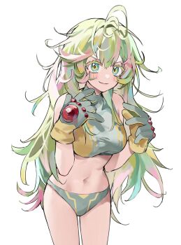 1girl ahha3_good aqua_eyes blonde_streaks blush boku_no_hero_academia breasts buruma colored_eyelashes commentary fluffy_hair gloves green_buruma green_hair green_sports_bra hagakure_toru highres large_breasts long_hair messy_hair multicolored_hair navel pink_streaks simple_background smile sports_bra streaked_hair swimsuit thick_eyelashes very_long_hair white_background yellow_gloves