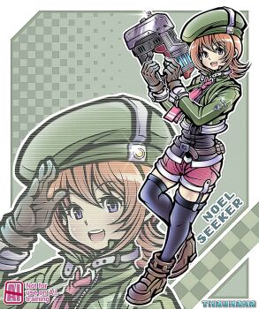 beret boots brown_boots brown_gloves brown_hair commentary company_name cropped_jacket eiyuu_densetsu english_commentary gloves green_hat gun hajimari_no_kiseki hat holding holding_gun holding_weapon necktie noel_seeker pink_necktie red_necktie red_shorts salute shorts simple_background thaumana thighhighs weapon zero_no_kiseki