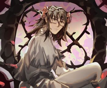 1boy absurdres beard_stubble brown_hair commentary crown_of_thorns dress e.g.o_(project_moon) facial_hair flower from_side garden_of_thorns_(e.g.o) gregor_(project_moon) hair_flower hair_ornament highres limbus_company looking_at_viewer male_focus meidum_hair messy_hair mustache_stubble official_alternate_costume project_moon rectangular_eyewear red_flower red_rose rose semi-rimless_eyewear shoggoth_(sirens20211) sitting stubble white_dress