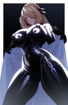 1girl alternate_costume black_background black_bodysuit blonde_hair blush bodysuit breasts commentary cynthia_(pokemon) from_below grey_eyes hair_over_one_eye highres huge_breasts impossible_bodysuit impossible_clothes latex latex_bodysuit long_hair looking_at_viewer nintendo pokemon pokemon_dppt shiny_clothes simple_background solo standing variant_set volyz