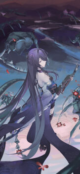 1girl absurdres acheron_(honkai:_star_rail) asymmetrical_footwear black_choker black_gloves black_shorts bone boots chain choker coat coattails detached_sleeves flower full_body gloves highres honkai:_star_rail honkai_(series) leg_tattoo long_hair looking_back purple_eyes purple_hair red_flower scabbard sheath sheathed short_shorts shorts single_bare_shoulder skeleton solo standing sword tattoo thigh_boots weapon white_coat xianluojimaomao2333