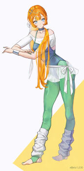 Rule 34 | 1girl, athletic leotard, black leotard, blue eyes, collarbone, cropped shirt, full body, green pantyhose, hair ornament, hairclip, halterneck, highres, leotard, long hair, loose socks, original, oto1 030, pantyhose, parallel hairclips, red hair, sarong, shirt, simple background, socks, solo, standing, toeless legwear, white background, white shirt