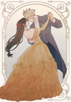 1boy 1girl alternate_costume ascot bare_back bare_shoulders beast_(disney) beast_(disney)_(cosplay) beauty_and_the_beast_(disney) belle_(disney) belle_(disney)_(cosplay) black_hair blonde_hair blue_coat blue_eyes blue_vest breasts brown_hair cloud_strife coat commentary_request cosplay dancing dress elbow_gloves eye_contact final_fantasy final_fantasy_vii flower from_side full_body gloves gold_trim hair_flower hair_ornament hand_on_another's_back highres holding_hands leaning_back leaning_forward long_dress long_hair looking_at_another low-tied_long_hair medium_breasts mixmomo_yah profile red_eyes red_flower short_hair spiked_hair standing tifa_lockhart vest white_ascot yellow_dress yellow_gloves