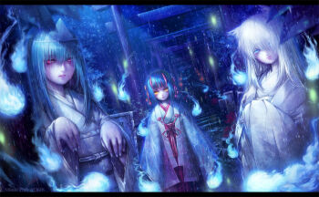 Rule 34 | 3girls, animal ears, blue eyes, blue fire, blue hair, chihaya (clothing), commentary request, cowboy shot, fingernails, fire, flower, fox ears, fox girl, ghost, hair between eyes, hakama, hakama skirt, haori, hitodama, horns, japanese clothes, kimono, letterboxed, lips, long hair, long sleeves, looking at viewer, miko, misaki (kyal 001), multiple girls, multiple torii, original, outdoors, parted lips, rain, realistic, red eyes, red flower, red skirt, shiroshouzoku, short hair, shrine, skin-covered horns, skirt, spider lily, tombstone, torii, tree, triangular headpiece, white hair, white kimono, wide sleeves, yellow eyes