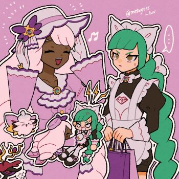 ... 2girls ^_^ anger_vein apron ascot bag black_romper blank_eyes bow bowtie braid braided_ponytail chibi chibi_inset clefable closed_eyes dark-skinned_female dark_skin dragalge frilled_ascot frills gen_1_pokemon gen_6_pokemon glove_bow gloves green_hair hands_up hat highres holding holding_bag jacinthe_(pokemon) juliet_sleeves lebanne_(pokemon) lightning_bolt_symbol long_braid long_hair long_sleeves maid_apron maid_headdress master_and_servant mega_clefable mega_dragalge mega_stone metagross_luv multiple_girls nintendo open_mouth outline pokemon pokemon_(creature) pokemon_legends:_z-a puffy_sleeves purple_eyes purple_hair pursed_lips reaching reaching_towards_another romper shopping_bag spoken_ellipsis sun_hat sweatdrop thighhighs twitter_username v-shaped_eyebrows v-shaped_eyes very_dark_skin very_long_hair white_bow white_bowtie white_outline white_thighhighs