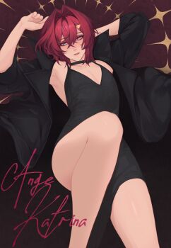 Rule 34 | 1girl, absurdres, alkaid exec, ange katrina, armpits, arms up, black choker, black dress, black jacket, character name, choker, crossed bangs, dress, eyeshadow, feet out of frame, flat chest, glitter makeup, hair between eyes, hair intakes, hair ornament, highres, jacket, knee up, lips, looking at viewer, lying, makeup, nijisanji, on back, open clothes, open jacket, parted lips, red hair, short hair, sleeveless, sleeveless dress, solo, triangle hair ornament, virtual youtuber