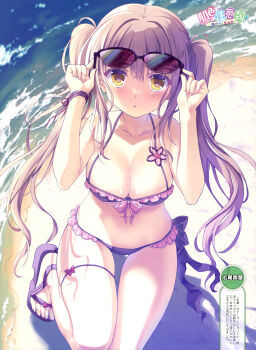 1girl :< absurdres adjusting_eyewear artist_name beach bikini breasts cleavage closed_mouth collarbone dengeki_moeoh foot_out_of_frame frilled_bikini frills from_above hair_between_eyes hand_on_eyewear highres light_blush long_hair looking_at_viewer looking_up magazine_scan medium_breasts nanao_naru navel original purple_bikini purple_hair sand sandals scan shiny_skin sidelocks solo squatting sunglasses swimsuit thigh_gap thigh_strap third-party_source translation_request twintails water wrist_cuffs yellow_eyes