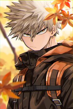1boy :/ autumn_leaves bakugou_katsuki black_jacket blonde_hair boku_no_hero_academia chiyaya closed_mouth collared_jacket highres jacket leaf looking_to_the_side male_focus orange_eyes outdoors popped_collar sanpaku short_hair sideways_glance solo spiked_hair upper_body