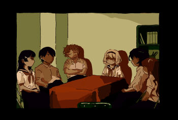 3boys 3girls akabane_youko alternate_costume black_border black_hair bookshelf border chair closed_eyes clown_makeup commentary_request crossed_arms feet_out_of_frame folding_chair gakkou_de_atta_kowai_hanashi hairband highres indoors joe_rikiichi kenmochi_touya limited_palette long_hair looking_at_another mashiro_meme multiple_boys multiple_girls nijisanji no_mouth on_chair parody red_hair school_uniform serafuku short_hair short_sleeves shouen_(sho_s975) sitting suo_sango table tablecloth teardrop_facial_mark tsukino_mito virtual_youtuber white_hair