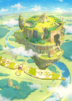1other above_clouds ambiguous_gender blue_sky chinese_commentary cloud commentary_request day fantasy floating_city floating_island flying highres katou_oswaldo meadow original outdoors river scenery signature sky very_wide_shot
