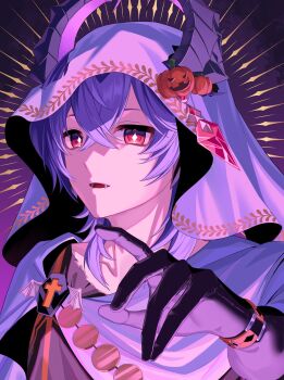 1boy absurdres black_gloves capelet diamond-shaped_pupils diamond_(shape) dragon_horns fang food-themed_hair_ornament genshin_impact gloves hair_ornament halloween_costume haya_pik highres horns jack-o&#039;-lantern jack-o&#039;-lantern_hair_ornament jewelry long_hair male_focus mini_durin_(genshin_impact) mini_durin_(human)_(genshin_impact) open_mouth pumpkin_hair_ornament purple_hair red_eyes solo symbol-shaped_pupils veil white_capelet white_veil