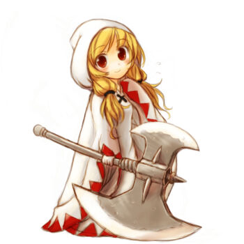 Rule 34 | 1girl, akikan (watashi no sekai), axe, battle axe, blonde hair, blush, braid, cloak, female focus, final fantasy, final fantasy tactics, flying sweatdrops, gloves, hood, huge weapon, long hair, red eyes, robe, simple background, smile, solo, twin braids, waving, weapon, white mage, white mage (fft), white mage (final fantasy)