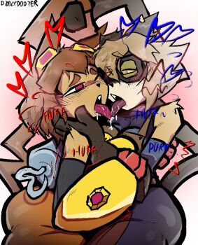 2girls animal_ears cat_ears cat_girl cat_tail dark-skinned_female dark_skin diddlydooter dress french_kiss furry furry_female furry_with_furry gameoverse gauntlets goggles goggles_on_head heart hook_hand huffing kiss kit_bodega multiple_girls saliva saliva_trail scratch_(gameoverse) tail tongue tongue_out whiskers yellow_dress yuri