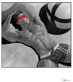 Rule 34 | 1boy, abs, armpit hair, armpits, bara, chest hair, commentary, cyclops (x-men), english commentary, greyscale, highres, lips, lying, male focus, male swimwear, marvel, monochrome, muscular, muscular male, navel, navel hair, nick robles, nipples, on back, pectorals, red-tinted eyewear, short hair, signature, solo, spot color, swim briefs, tinted eyewear, topless male, x-men