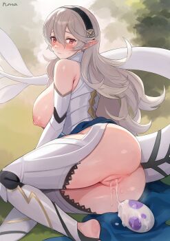 1girl absurdres anus ass blush breasts female_corrin_(fire_emblem) dragon_girl egg egg_laying fire_emblem fire_emblem_fates foot_out_of_frame grey_hair hair_between_eyes hairband highres large_breasts legs long_hair looking_at_viewer nintendo nipples no_shoes norza pointy_ears puffy_nipples pussy red_eyes soles solo stirrup_legwear tail toeless_legwear toes uncensored