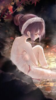 1girl absurdres bare_shoulders breasts commentary commentary_request cross english_commentary girls&#039;_frontline girls&#039;_frontline_2:_exilium hair_bun highres large_breasts looking_at_viewer makiatto_(girls&#039;_frontline_2) mixed-language_commentary naked_towel onsen parted_lips partially_submerged purple_hair red_eyes renoahh short_hair single_hair_bun sitting solo towel towel_on_head wa2000_(girls&#039;_frontline) water wet wet_towel