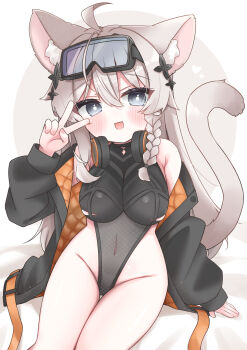 1girl :d absurdres ahoge animal_ear_fluff animal_ears bare_shoulders black_jacket black_leotard blush border braid breasts brown_hair commentary_request commission copyright_request covered_navel goggles goggles_on_head grey_background grey_eyes groin hair_between_eyes headphones headphones_around_neck highleg highleg_leotard highres jacket large_breasts leotard long_hair long_sleeves looking_at_viewer minato_yu_(0514) multicolored_hair off_shoulder open_clothes open_jacket open_mouth paid_reward_available puffy_long_sleeves puffy_sleeves round_border sitting skeb_commission smile solo tail two-tone_hair very_long_hair white_background