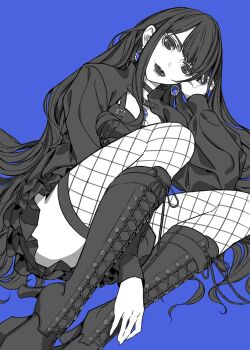 1girl absurdres between_legs black_boots black_choker black_dress black_eyes black_hair black_jacket black_lips blue_background boots breasts choker closed_mouth dissidia_duellum_final_fantasy dissidia_final_fantasy dress earrings final_fantasy final_fantasy_xiv fishnet_thighhighs fishnets gaia_(ff14) gaia_(ff14)_(artemis_gothic_dress) goth_fashion hand_between_legs hand_in_own_hair high_heel_boots high_heels highres jacket jewelry kaneda_(umeanzberry) long_hair medium_breasts official_alternate_costume short_dress solo thighhighs thighs