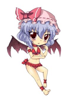1girl ankle_cuffs ankle_garter arm_garter bat_wings bikini blue_hair chibi choker female_focus frills hat kusanagi_mikoto_(artist) red_bikini red_eyes remilia_scarlet short_hair solo swimsuit touhou wings
