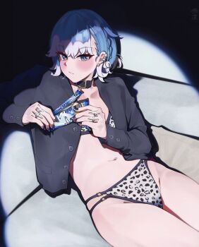1girl absurdres animal_print black_jacket black_nails blue_eyes blue_hair bra braid closed_mouth colored_tips commentary english_commentary fingernails flat_chest hair_flaps highres holding hololive hololive_indonesia indoors jacket kobo_kanaeru leopard_print leopard_print_bra leopard_print_panties long_fingernails looking_at_viewer mr_thecatman multi-strapped_panties multicolored_hair nail_polish navel panties print_bra print_panties short_hair side_braid sitting solo spotlight stomach two-tone_hair underwear virtual_youtuber white_bra white_hair white_panties
