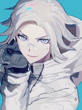 1boy aotsuki_eito black_gloves blue_background blue_eyes bowknot_huhu eyebrows glasses gloves hand_up highres hood hoodie looking_at_viewer male_focus open_mouth parted_lips simple_background smile solo solo_focus the_hundred_line_-last_defense_academy- white_hair zipper zipper_pull_tab