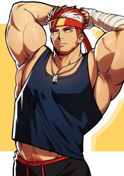 1boy absurdres armpit_hair armpits arms_up bandaged_arm bandages bara biceps blue_tank_top cowboy_shot headband heterochromia highres indie_virtual_youtuber large_pectorals male_focus mature_male midriff_peek multicolored_hair muscular muscular_male navel_hair_peek nifast_(greentail) pectoral_cleavage pectorals red_hair red_headband ryuugen_drake scar scar_across_eye scar_on_face short_hair sidepec solo standing streaked_hair tank_top thick_navel_hair virtual_youtuber white_hair