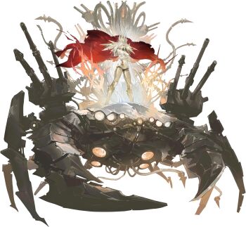 1girl absurdres arbiter_the_emperor_iv_(azur_lane) armor azur_lane breastplate breasts cable cleavage crab crab_leg crossed_arms crown full_body game_asset highres mechanical_arms mechanical_legs non-web_source pincers rigging ship_turret siren_(azur_lane) white_hair yellow_eyes