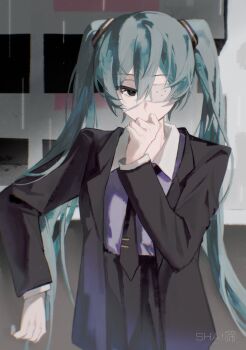 1girl against_railing aqua_hair artist_name black_eyes black_jacket black_necktie black_skirt blurry bright_pupils building chromatic_aberration clenched_hand collared_shirt covered_mouth depth_of_field double-parted_bangs elbow_rest eyepatch grey_shirt hair_between_eyes hair_ornament hand_on_own_chin hand_up hashtag-only_commentary hatsune_miku highres jacket layered_sleeves light_particles long_hair medical_eyepatch monitoring_(vocaloid) necktie one_eye_covered open_clothes open_jacket outdoors railing red_pupils shai61384166010 shirt shirt_tucked_in skirt solo tie_clip twintails upper_body very_long_hair vocaloid