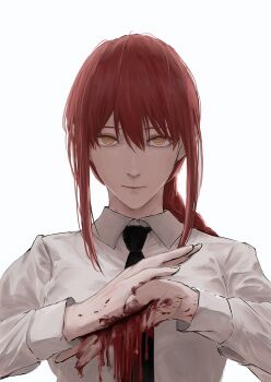 1girl absurdres black_necktie blood blood_on_hands chainsaw_man closed_mouth collared_shirt highres long_hair looking_at_viewer makima_(chainsaw_man) nabe92213 necktie red_hair ringed_eyes shirt sidelocks simple_background solo white_background white_shirt yellow_eyes
