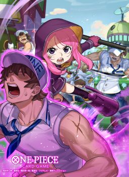 1girl 4boys anti-eyebrow_piercing blue_neckerchief brown_hair commentary_request copyright_name eyelashes face_piercing gloves gun hat highres holding holding_gun holding_sword holding_weapon hooded_leotard jewelry_bonney long_hair long_sleeves marine_(one_piece) marine_uniform_(one_piece) multiple_boys neckerchief official_art one_piece one_piece_card_game open_mouth outdoors piercing pink_gloves pink_hair scar scar_on_arm shirt short_hair sleeveless sleeveless_shirt sunohara_(encount) sweatdrop sword weapon