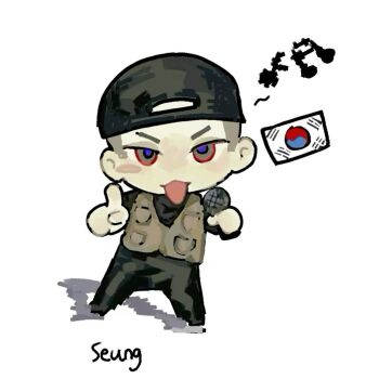 1boy :3 :d animification artist_request backwards_hat black_hat black_pants black_shirt blue_pupils blush_stickers buzz_cut character_name chibi chibi_only grey_eyes grey_hair hair_behind_ear hands_up hat highres holding holding_microphone index_finger_raised looking_at_viewer male_focus microphone music musical_note no_nose open_mouth pants real_life seung-hui_cho shadow shirt short_hair simple_background singing single_blush_sticker smile solo source_request south_korean_flag standing straight-on third-party_source v-shaped_eyebrows very_short_hair white_background