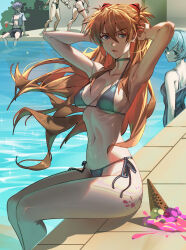 2boys 3girls antenna_hair armpits arms_up ass ayanami_rei bare_arms bare_shoulders bent_over bikini black_shorts blue_bikini blue_choker blue_eyes blue_hair blue_one-piece_swimsuit bracelet breasts brown_hair bush choker cleavage cloudy_rain4 collarbone collared_shirt curvy day eyelashes floating_hair food frown grey_hair hair_between_eyes hair_ornament hair_over_shoulder hand_in_own_hair hand_on_another&#039;s_wrist hand_up highleg highleg_bikini highres ice_cream ice_cream_cone ice_cream_cone_spill ikari_shinji jewelry katsuragi_misato large_breasts legs long_hair looking_at_another looking_at_viewer medium_breasts messy_hair midriff multiple_boys multiple_girls multiple_views nagisa_kaworu navel neon_genesis_evangelion one-piece_swimsuit orange_hair parted_lips pool pool_ladder poolside red_bikini red_eyes red_lips shiny_skin shirt short_hair short_sleeves shorts side-tie_bikini_bottom sidelocks simple_background sitting smile souryuu_asuka_langley stain sunlight swimsuit thigh_strap thighs thong thong_bikini tsundere two_side_up unbuttoned unbuttoned_shirt very_long_hair water white_shirt wide_hips