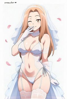 Rule 34 | 1girl, aged up, alexkonakona, artist name, bra, breasts, bridal veil, bride, brown eyes, brown hair, closed mouth, commentary, digimon, digimon adventure tri., english commentary, frilled thigh strap, gloves, highres, long hair, looking at viewer, medium breasts, navel, one eye closed, paid reward available, panties, smile, solo, standing, tachikawa mimi, thigh strap, thighhighs, thighs, underwear, veil, white background, white gloves