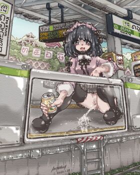 1girl 2026 20s 4mper5and black_bow black_bowtie black_eyes black_hair black_shoes black_thighhighs bow bowtie breasts building can castle dated drink drink_can fang grass grey_skirt hair_bow holding holding_drink january jirai_kei ladder lolita_fashion long_sleeves looking_at_viewer maid_headdress no_panties open_mouth original pagoda peeing pink_shirt pubic_hair puddle pussy railroad_tracks shirt shoes short_hair sign skirt sky small_breasts smile spread_legs squatting thighhighs train_station tree twintails vending_machine