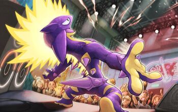 :d arm_up arms_up bending_backward cable closed_eyes concert fang gen_1_pokemon gen_4_pokemon gen_8_pokemon gible holding holding_pokemon katkichi machoke multiple_boys multiple_girls neon_lights nintendo open_mouth pikachu pokemon pokemon_(creature) pokemon_focus pokemon_tcg second-party_source sharp_teeth short_hair short_sleeves skin_fang smile speaker stage stage_lights teeth toxtricity toxtricity_(amped)