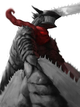 absurdres black_skin chainsaw chainsaw_devil chainsaw_man colored_skin highres intestine_clothing intestines kgi_illus looking_to_the_side no_eyes sharp_teeth simple_background solo solo_focus teeth white_background