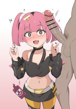 1boy 1girl absurdres bar_censor bare_shoulders black_nails black_shirt black_skirt blush censored collarbone coral_(pokemon) cropped_shirt dark-skinned_male dark_skin dot_nose embarrassed erection fang fingernails from_above gen_4_pokemon gradient_background grey_eyes hands_up hetero highres interracial long_sleeves medium_hair midriff nail_polish navel nintendo off-shoulder_shirt off_shoulder open_mouth pants pants_under_skirt penis_awe petite pink_background pokemon pokemon_(anime) pokemon_horizons rotom rotom_phone shirt simple_background size_difference skin_fang skirt solo_focus standing surprised testicles twintails two-tone_background variant_set verseir_001 white_background yellow_pants