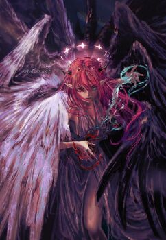 absurdres asymmetrical_wings baloolax black_wings breasts cleavage cowboy_shot double_halo dress feathered_wings halo heterochromia highres hololive hololive_english irys_(hololive) long_hair medium_breasts multicolored_hair pointy_ears purple_eyes purple_hair red_hair streaked_hair two-tone_hair virtual_youtuber white_wings wings