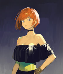 Rule 34 | 1girl, arm at side, bare shoulders, black choker, black dress, blue eyes, bob cut, bracelet, breasts, choker, cleavage, closed mouth, collarbone, commentary, dress, english commentary, expressionless, gradient background, green dress, grey background, hand on own hip, highres, jewelry, looking at viewer, loose hair strand, medium breasts, off-shoulder dress, off shoulder, orange hair, original, short hair, short hair with long locks, short sleeves, smaragdus, solo, swept bangs, two-tone dress, upper body