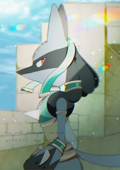 1other absurdres armlet arms_at_sides blue_sky bracelet brick_wall clothed_pokemon cloud cloudy_sky dappled_sunlight facing_to_the_side gen_4_pokemon gold_trim green_ribbon highres jewelry light_particles looking_back looking_to_the_side lucario lucario_(ruins) nintendo outdoors pokemon pokemon_(creature) pokemon_unite red_eyes ribbon ruins shiro_hinageshi sky sunlight tunic usekh_collar watermark yellow_tunic