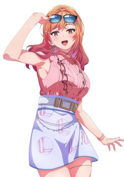 Rule 34 | 1girl, absurdres, adjusting eyewear, ahoge, arm up, armpits, belt, blush, breasts, choker, contrapposto, cowboy shot, earrings, eyewear on head, gradient hair, hair ornament, hairclip, high-waist skirt, highres, hololive, hololive dev is, ichijou ririka, ichijou ririka (1st costume), jewelry, knew nothing, large breasts, long hair, looking at viewer, multicolored hair, open mouth, orange eyes, orange hair, pink lips, pink nails, ring, simple background, single earring, skirt, solo, sunglasses, thighlet, virtual youtuber, watch, white background, wristwatch