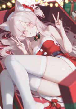 1girl akira_(blue_archive) alternate_costume animal_ears blue_archive box breasts cat_ears cat_girl cat_tail colored_eyelashes commentary double_v dress fur-trimmed_dress fur_trim gift gift_box hair_spread_out half_updo hat highres leotard long_hair looking_at_viewer lying medium_breasts mellow_(srpp4843) on_box on_side red_dress red_eyes red_hat santa_costume santa_dress santa_hat skindentation smile solo strapless strapless_leotard tail thick_thighs thighhighs thighs v white_eyelashes white_hair white_thighhighs