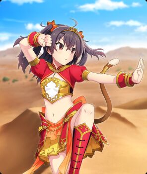 1girl ahoge arm_up asakura_mihono blue_sky boots bracelet breasts brown_hair brown_tail circlet clenched_hand cloud cosplay cowboy_shot crane_stance crop_top day desert dot_nose game_cg gold_circlet jewelry journey_to_the_west knee_boots kung_fu medium_hair midriff monkey_tail navel official_art outdoors outstretched_arm parted_lips red_boots red_eyes red_shrug red_skirt short_sleeves shrug_(clothing) skirt sky small_breasts solo standing standing_on_one_leg sun_wukong sun_wukong_(cosplay) tail third-party_source toji_no_miko toji_no_miko:_kizamishi_issen_no_tomoshibi twintails
